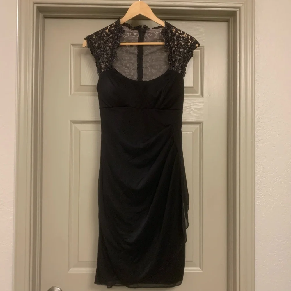 NWT Xscape LBD Black Lace Stand Collar Illusion Back Neck Short Cap Sleeve Dress